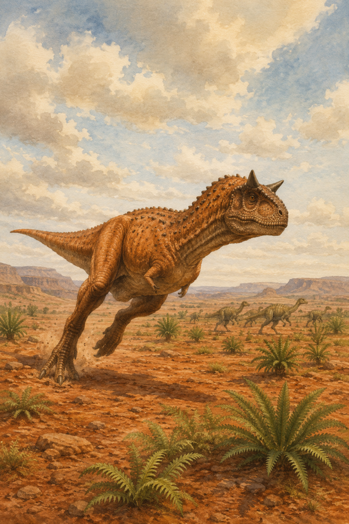 Ilustración en acuarela del Carnotaurus sastrei en carrera, mostrando su postura de caza activa en las llanuras de la Patagonia durante el Cretácico Superior.
