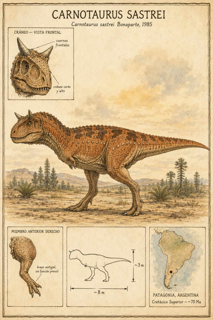 carnotaurus-caracteristicas-fisicas Diagrama en acuarela del Carnotaurus sastrei en vista lateral - mundodinos.com