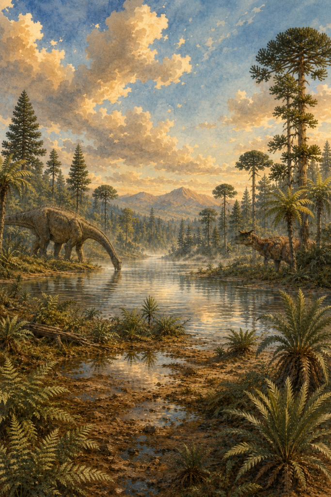 Ilustración panorámica en acuarela del ecosistema patagónico durante el Cretácico Superior, con un titanosáurido en el río y la silueta del Carnotaurus en la vegetación - mundodinos.com
