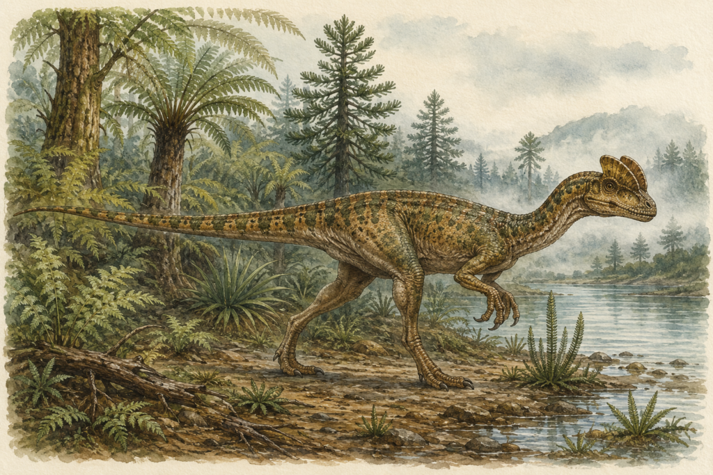 Ilustración del Dilophosaurus, terópodo del Jurásico, mostrando sus dos crestas craneales - mundodinos.com