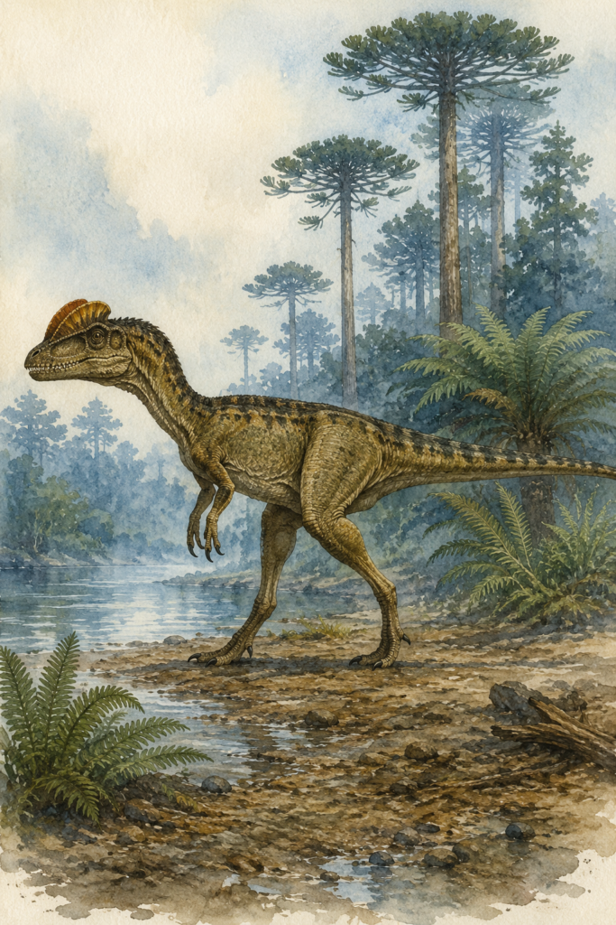 Ilustración en acuarela del Dilophosaurus wetherilli, terópodo del Jurásico Inferior, mostrando sus dos crestas craneales - mundodinos.com