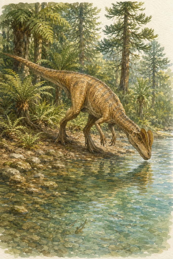 Ilustración en acuarela del Dilophosaurus wetherilli en la orilla de un río del Jurásico Inferior, en postura de búsqueda de alimento entre la vegetación de helechos y coníferas prehistóricas - mundodinos.com