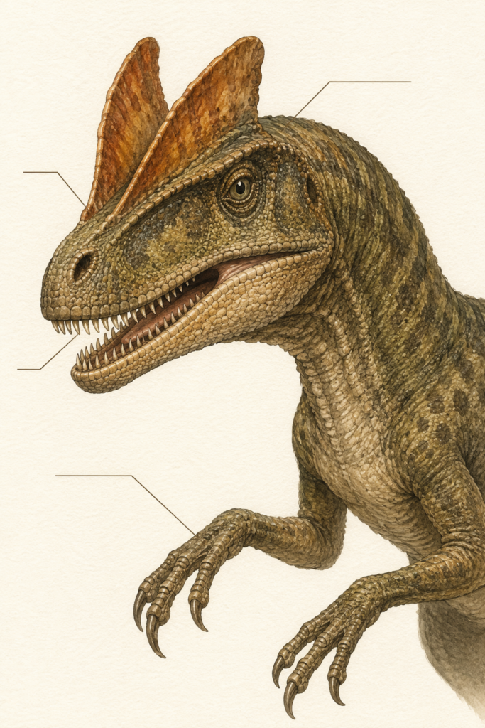 Detalle anatómico en acuarela del cráneo y tren superior del Dilophosaurus wetherilli, destacando sus dos crestas óseas paralelas, la escotadura mandibular y las garras de las extremidades anteriores - mundodinos.com