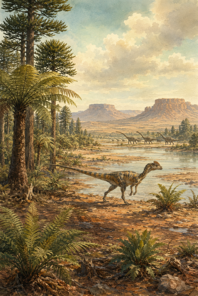 Paisaje del Jurásico Inferior de Norteamérica con un Dilophosaurus wetherilli recorriendo la orilla de un río, rodeado de araucarias, helechos arborescentes y cícadas en un ecosistema sin plantas con flor - mundodinos.com
