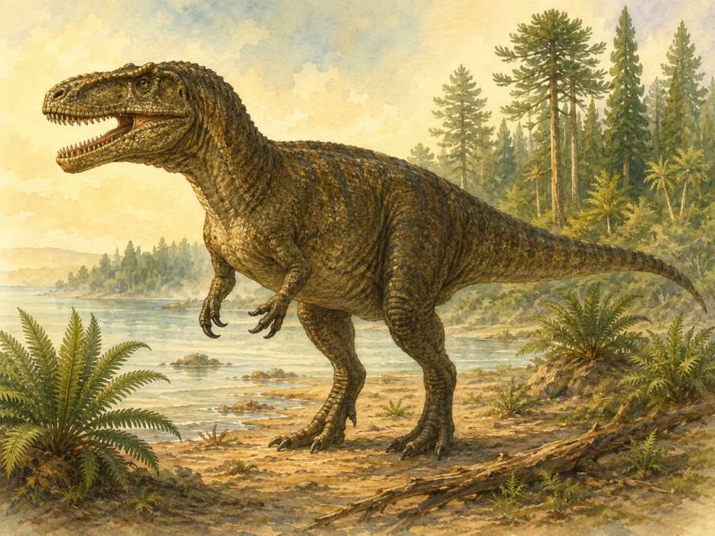 Ilustración en acuarela del Megalosaurus bucklandii en postura bípeda erguida, con fondo de laguna costera del Jurásico Medio y vegetación de helechos y coníferas - mundodinos.com