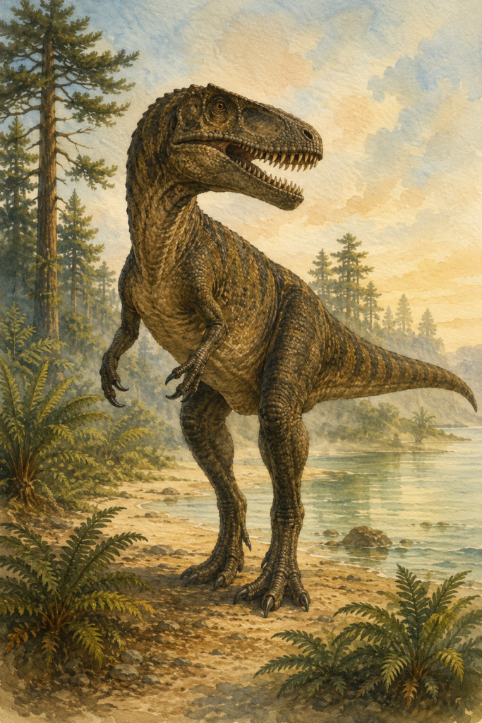 Ilustración en acuarela del Megalosaurus bucklandii en postura bípeda erguida, con fondo de laguna costera del Jurásico Medio y vegetación de helechos y coníferas - mundodinos.com