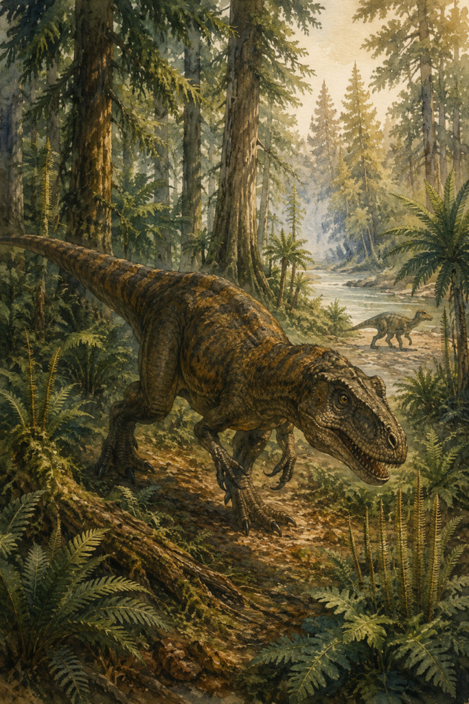 Ilustración en acuarela del Megalosaurus bucklandii en postura de caza en un bosque del Jurásico Medio, entre helechos gigantes y coníferas con luz filtrada entre los árboles - mundodinos.com