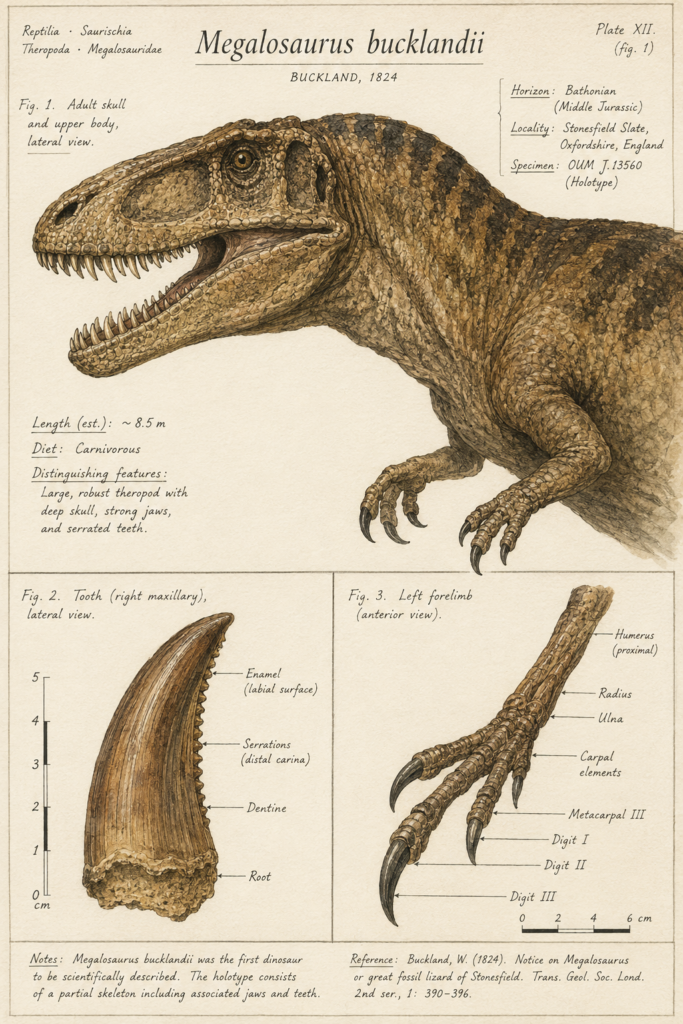 Lámina científica en acuarela del Megalosaurus bucklandii mostrando detalle del cráneo, dientes serrados y extremidades anteriores con garras, estilo guía de campo naturalista - mundodinos.com