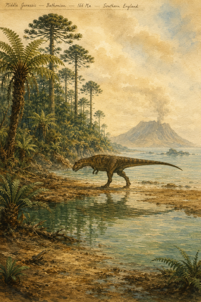 Ilustración en acuarela del hábitat del Megalosaurus bucklandii: archipiélago costero del Jurásico Medio con laguna tropical, bosque de araucarias y helechos, con silueta del dinosaurio a orillas del Mar de Tetis hace 166 millones de años - mundodinos.com