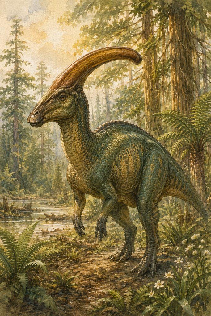 Ilustración naturalista del Parasaurolophus en postura bípeda, con su característica cresta tubular proyectada hacia atrás, en un paisaje húmedo del Cretácico Superior - mundodinos.com