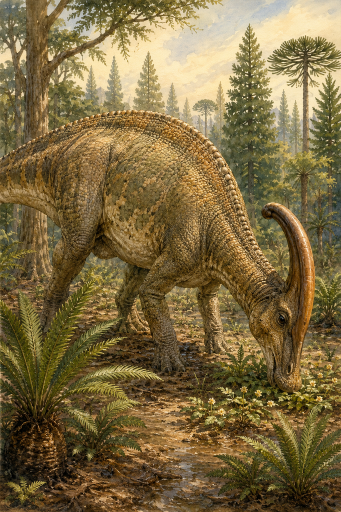 Parasaurolophus en postura cuadrúpeda alimentándose de vegetación baja del Cretácico —helechos, cícadas y plantas con flores primitivas— en una llanura costera húmeda - mundodinos.com