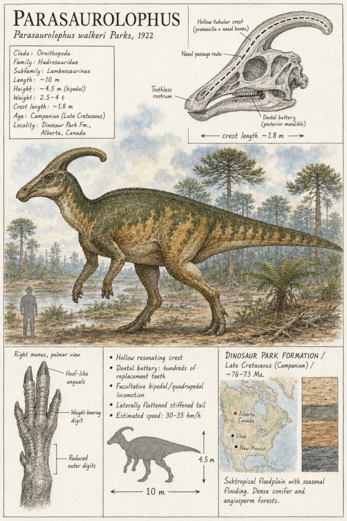 Lámina científica del Parasaurolophus walkeri al estilo de monografía paleontológica: ilustración central del animal en su hábitat del Cretácico Superior, con recuadros de cráneo en vista lateral, anatomía de la extremidad anterior, ficha taxonómica, diagrama de medidas y mapa de distribución geográfica - mundodinos.com