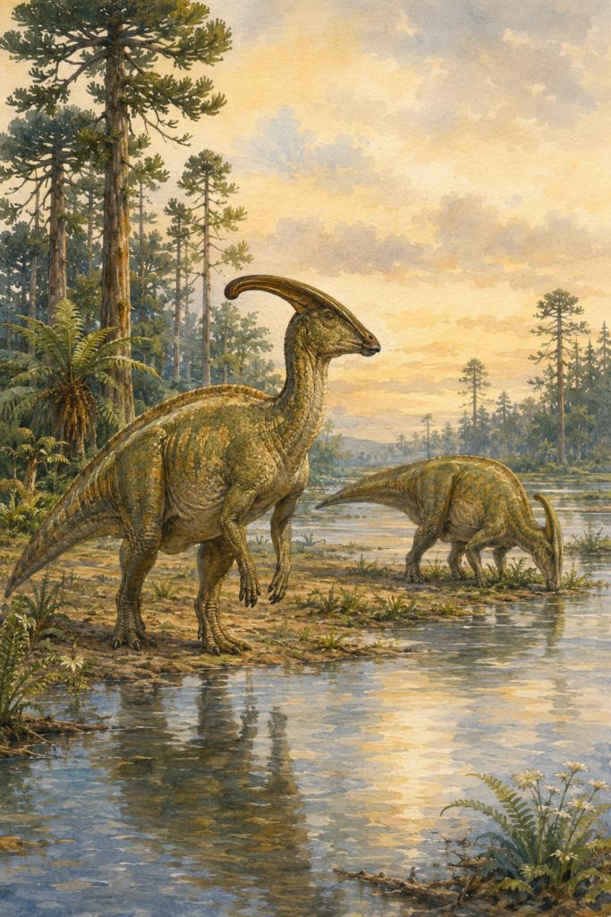 Grupo de Parasaurolophus en una llanura costera del Cretácico Superior de Norteamérica, rodeados de coníferas, helechos arborescentes y las primeras plantas con flores del período - mundodinos.com
