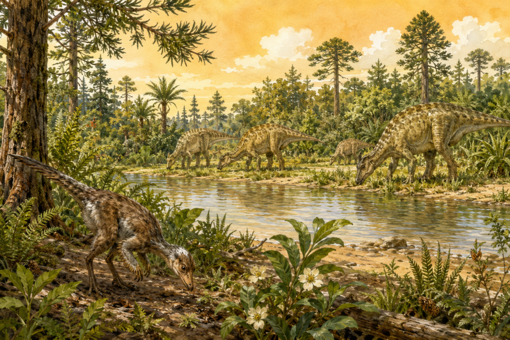 Paisaje del Cretácico Superior con dinosaurios herbívoros antes del evento de extinción
