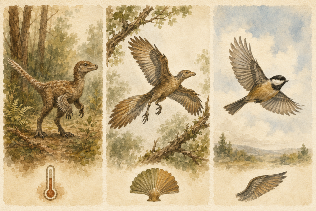Infografía de la evolución de las plumas desde los dinosaurios terópodos hasta las aves modernas - mundodinos.com