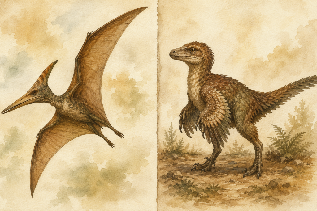Comparación entre un pterosaurio con ala de membrana y un dinosaurio con verdaderas plumas - mundodinos.com