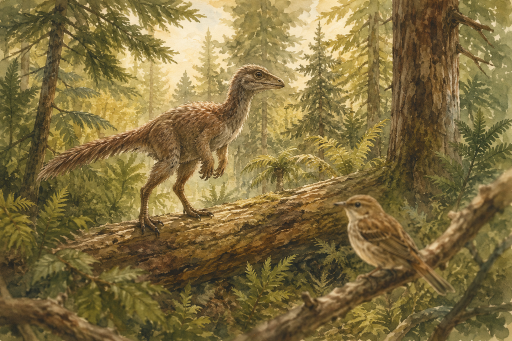 Dinosaurio terópodo con plumas junto a un ave moderna mostrando su parentesco evolutivo - mundodinos.com