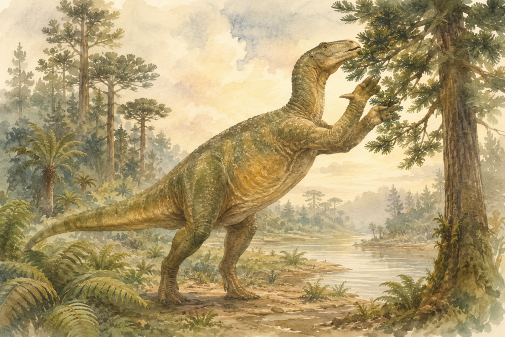 Iguanodon adulto en su hábitat de deltas del Cretácico inferior en Europa - mundodinos.com