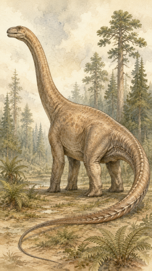 Diplodocus mostrando su cuello alargado, patas robustas y cola en forma de látigo - mundodinos.com
