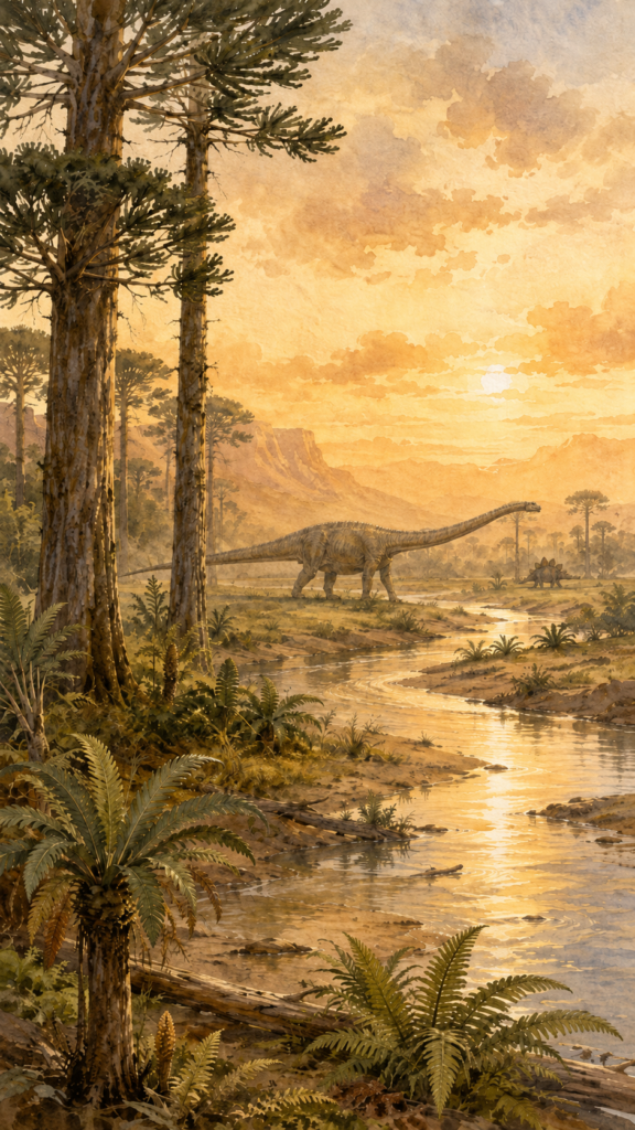 Hábitat del Diplodocus en las llanuras del Jurásico Superior de Norteamérica junto a un Stegosaurus - mundodinos.com