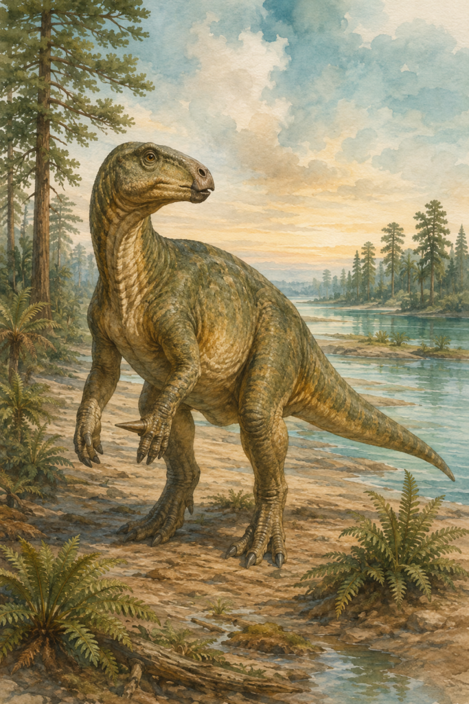Ilustración de un Iguanodon en su hábitat de deltas del Cretácico inferior en Europa - mundodinos.com