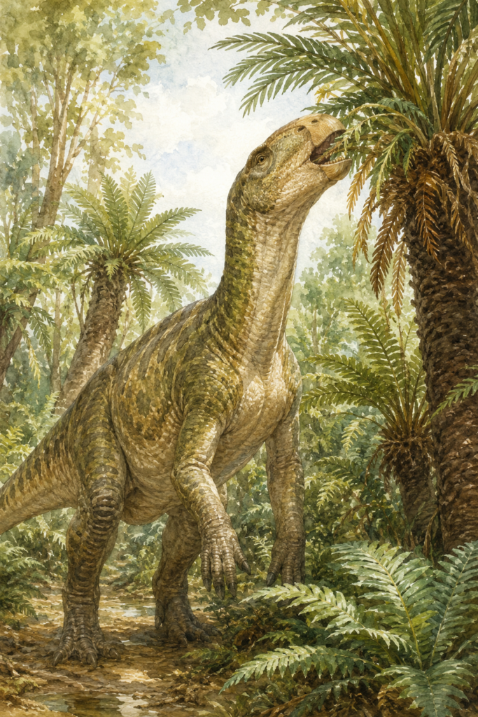 Iguanodon alimentándose de helechos y cícadas en el Cretácico - mundodinos.com