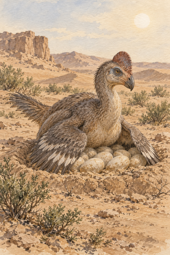 Oviraptor empollando su propio nido de huevos en el desierto de Gobi - mundodinos.com