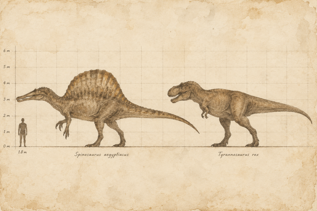 Comparación de escala entre Spinosaurus y Tyrannosaurus rex junto a una silueta humana de referencia - mundodinos.com