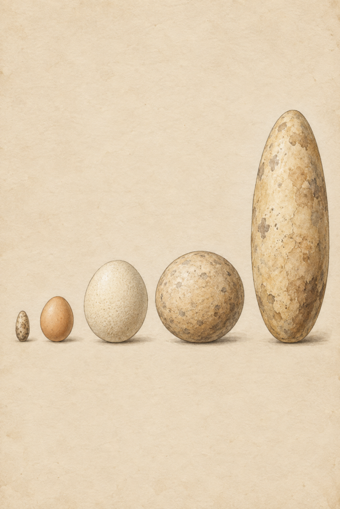 Comparación de tamaños de huevos de dinosaurio según la especie, de terópodo pequeño a titanosaurio - mundodinos.com