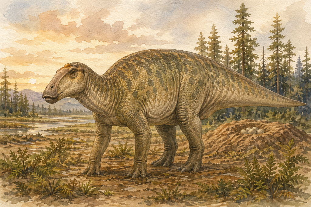 Ilustración en acuarela de un Maiasaura adulto en el Cretácico - mundodinos.com