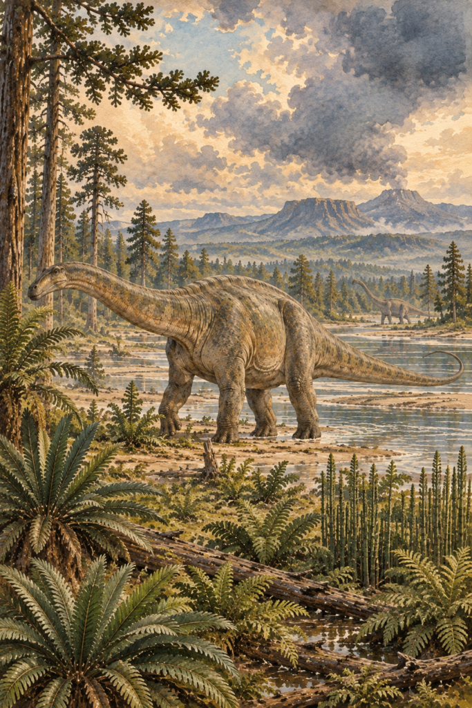 Brontosaurus adulto junto a un río del Jurásico Superior, con un pequeño ornitópodo en primer plano, ilustración en acuarela - mundodinos.com