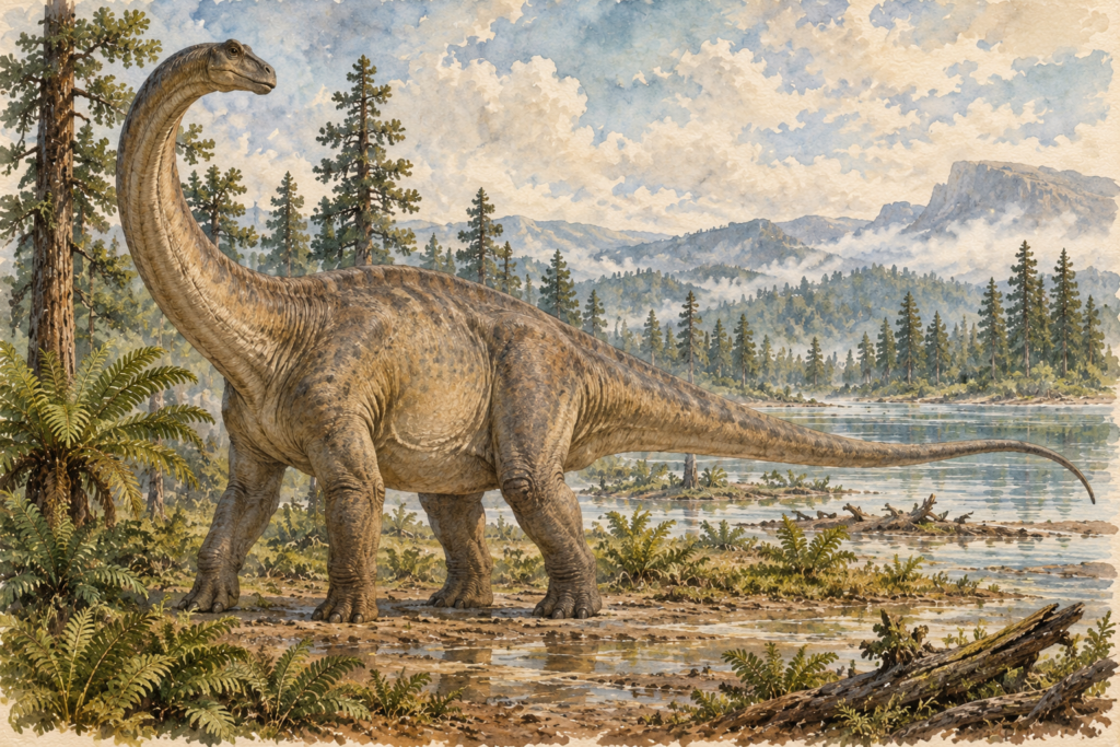Ilustración en acuarela de un Brontosaurus de cuello grueso en un bosque de coníferas del Jurásico - mundodinos.com
