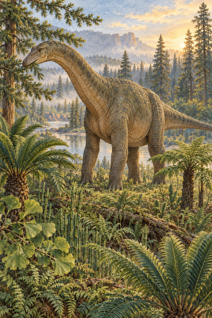 Brontosaurus con la cabeza baja arrancando hojas de una conífera entre helechos y cícadas en un bosque del Jurásico Superior - mundodinos.com