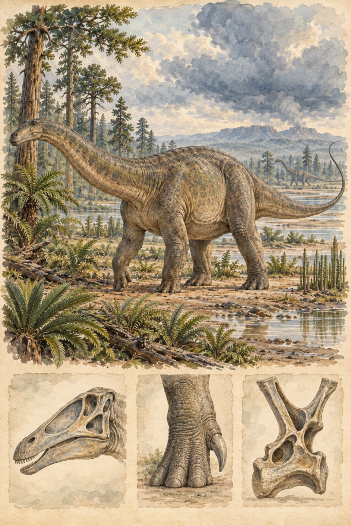 Lámina en acuarela del Brontosaurus de perfil con detalles del cráneo, la garra de la mano y una vértebra del cuello - mundodinos.com