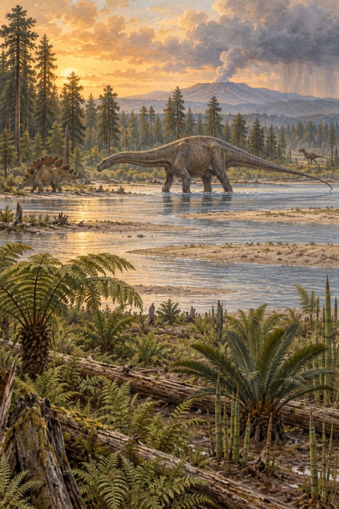 Paisaje de la Formación Morrison en el Jurásico Superior con un Brontosaurus, un Stegosaurus y un Allosaurus lejano junto a un río - mundodinos.com