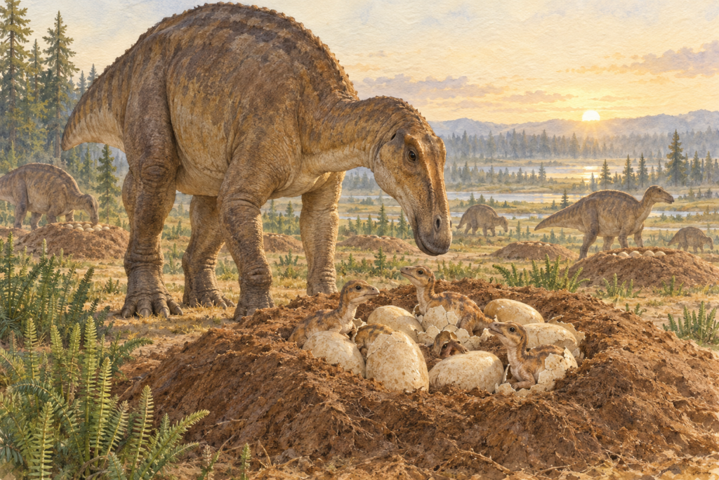 Colonia de nidos de Maiasaura con huevos y crías recién nacidas en el Cretácico Superior - mundodinos.com