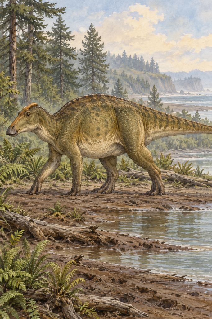 Ilustración en acuarela de un Maiasaura adulto de perfil, con pico de pato y pequeña cresta ósea sobre los ojos - mundodinos.com
