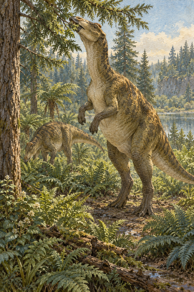 Maiasaura alimentándose de las ramas bajas de una conífera en un bosque del Cretácico Superior - mundodinos.com