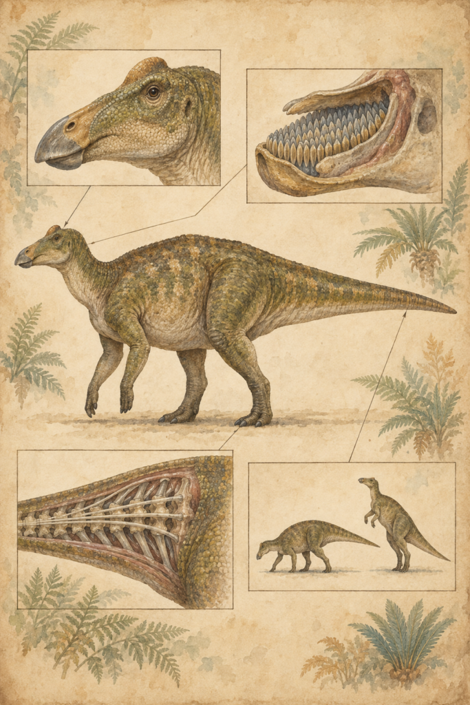 Lámina en acuarela del Maiasaura con detalles de su pico de pato, cresta sólida, baterías dentales, cola y postura - mundodinos.com