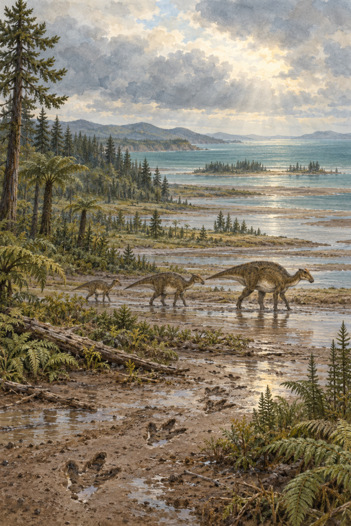 Llanura costera de Montana en el Cretácico Superior con un grupo de Maiasaura junto a un río y colinas al fondo - mundodinos.com
