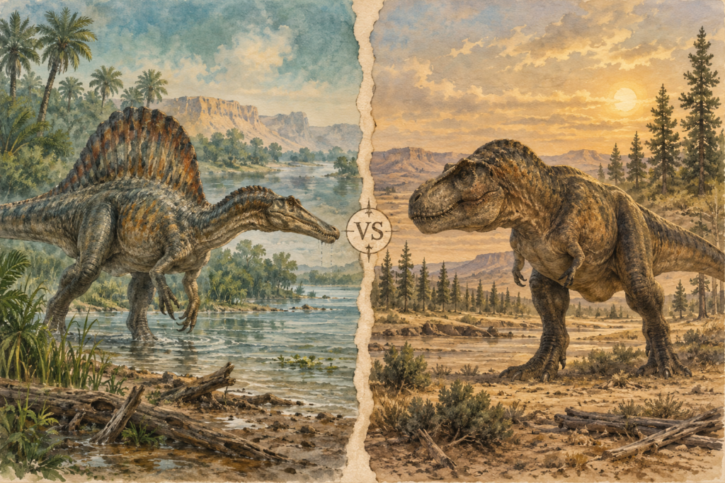 Tyrannosaurus rex y Spinosaurus enfrentados visualmente en paneles separados, cada uno en su propio hábitat y época, ilustrando que nunca coexistieron - mundodinos.com