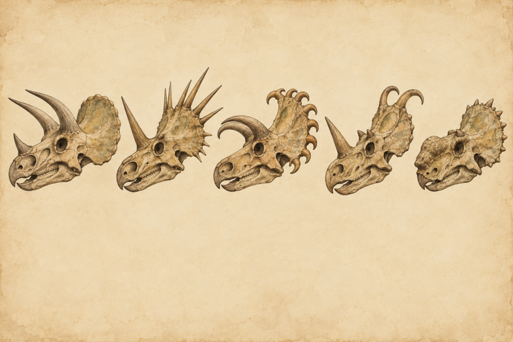 Comparación de cráneos de dinosaurios con cuernos: Triceratops, Styracosaurus, Kosmoceratops, Centrosaurus y Pachyrhinosaurus - mundodinos.com