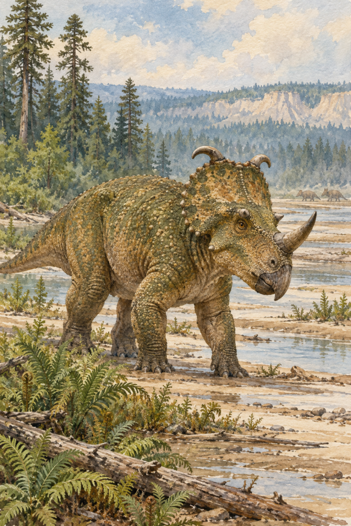 Centrosaurus con un gran cuerno nasal curvado hacia delante y pequeños cuernos sobre los ojos - mundodinos.com