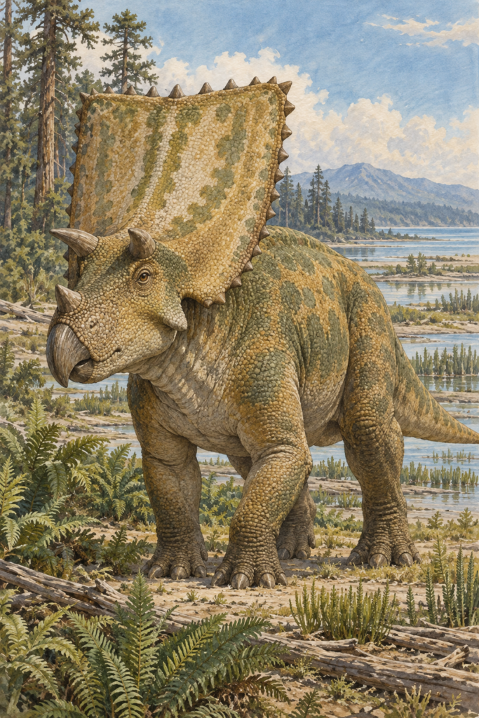 Chasmosaurus con una gola larga y ancha de bordes rectos y tres cuernos cortos - mundodinos.com