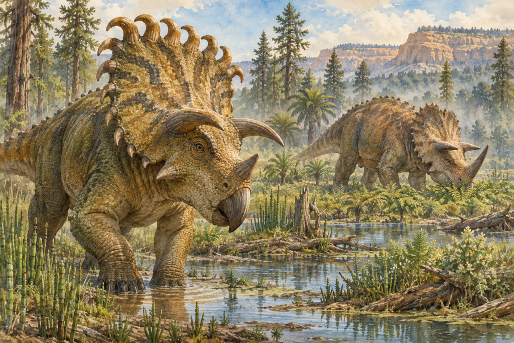 Kosmoceratops con 15 cuernos junto a un Utahceratops en una llanura pantanosa del Cretácico Superior - mundodinos.com