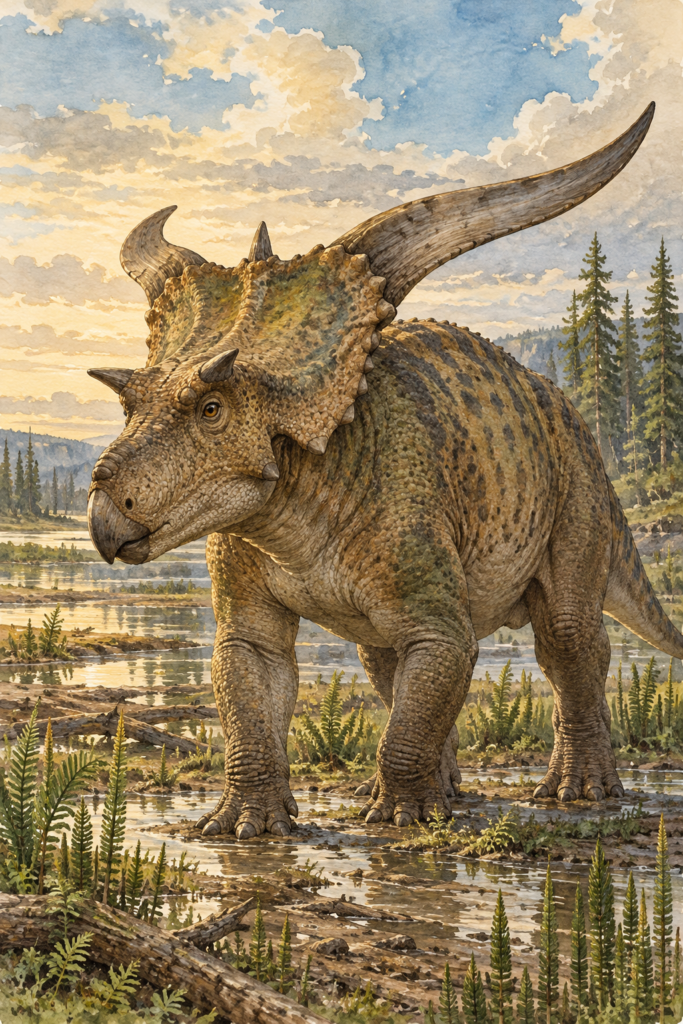Lokiceratops, dinosaurio sin cuerno nasal con dos grandes cuernos curvos y asimétricos en la gola - mundodinos.com