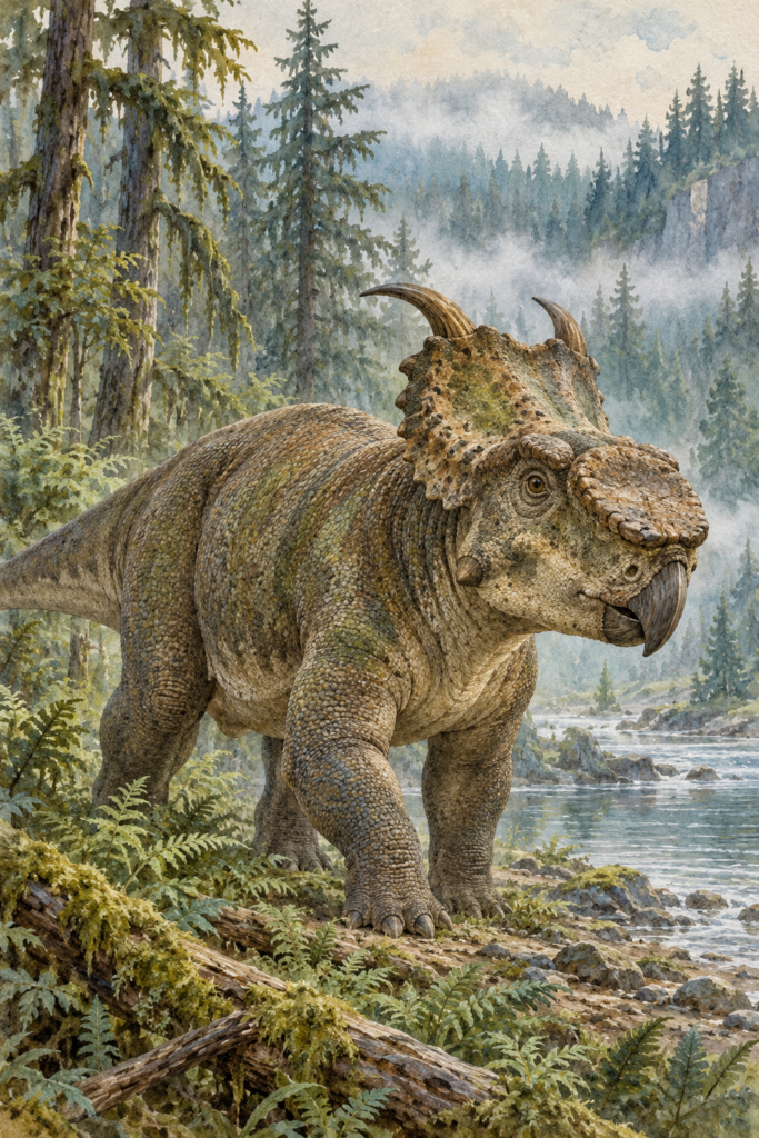 Pachyrhinosaurus con una gruesa protuberancia ósea sobre la nariz en lugar de cuerno - mundodinos.com