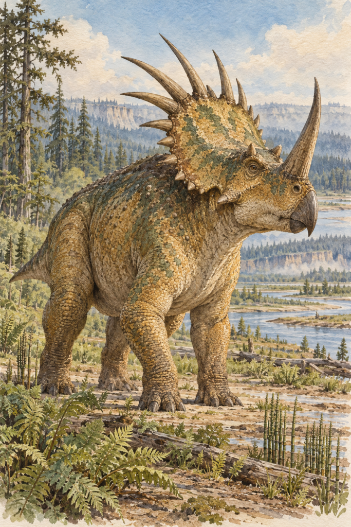 Styracosaurus con un largo cuerno sobre la nariz y púas alrededor de la gola - mundodinos.com