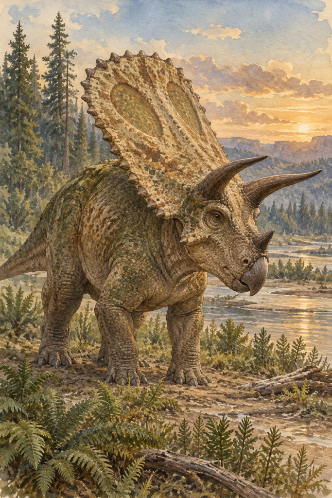 Torosaurus con tres cuernos y una enorme gola ósea con dos aberturas, en una llanura del Cretácico Superior - mundodinos.com