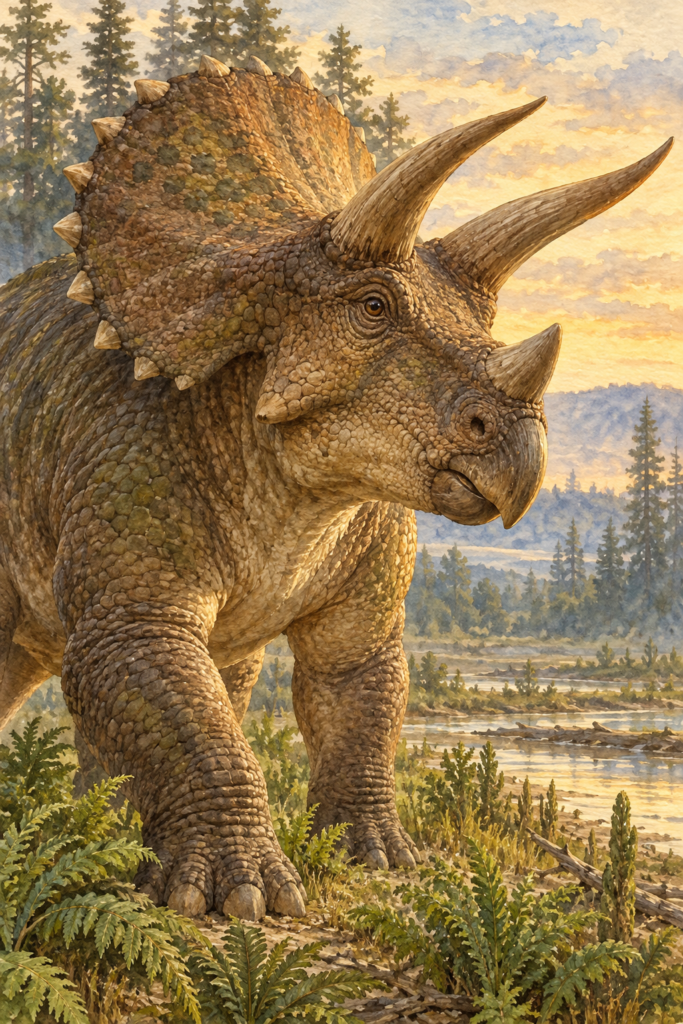 Triceratops adulto mostrando sus dos cuernos frontales, el cuerno nasal y la gola ósea - mundodinos.com